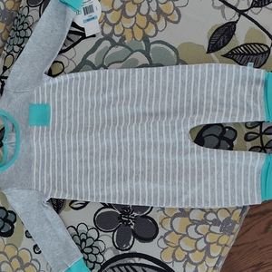 Long sleeve body suit,  Grey and white stripe with seafoam green detail, 6/9mo